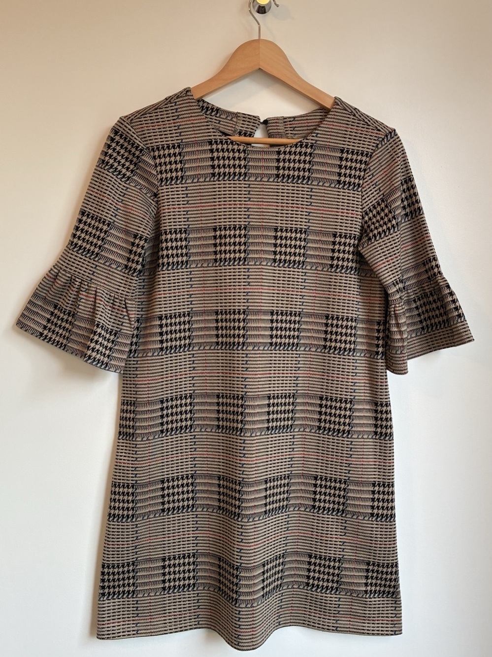 Twik Simons Plaid Houndstooth Mod 60s Mini Dress A Ruffle Bell Sleeve Medium M
